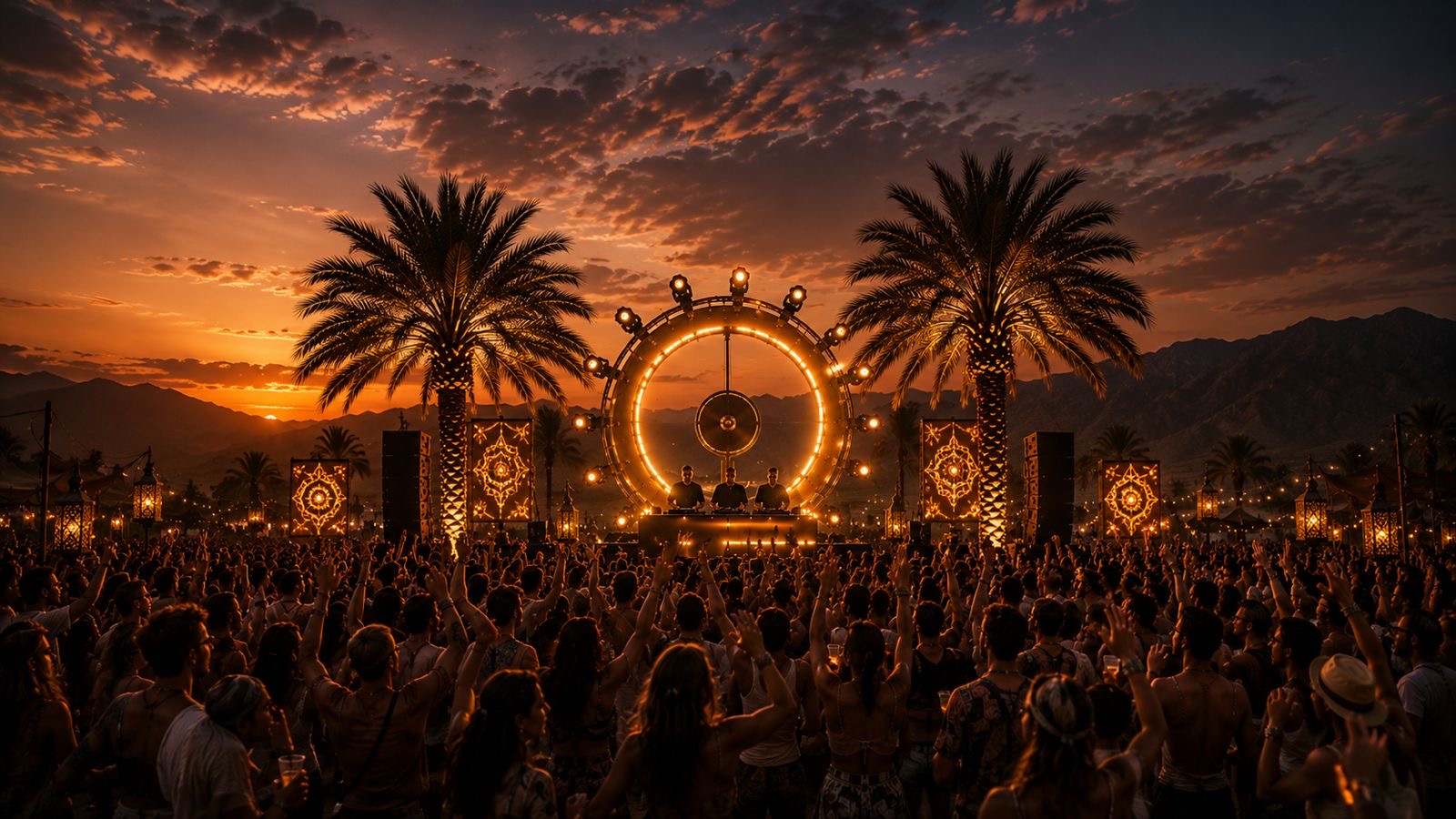 A Nomara pop-up at golden hour: a glowing circular stage above a crowd gathered around fire bowls