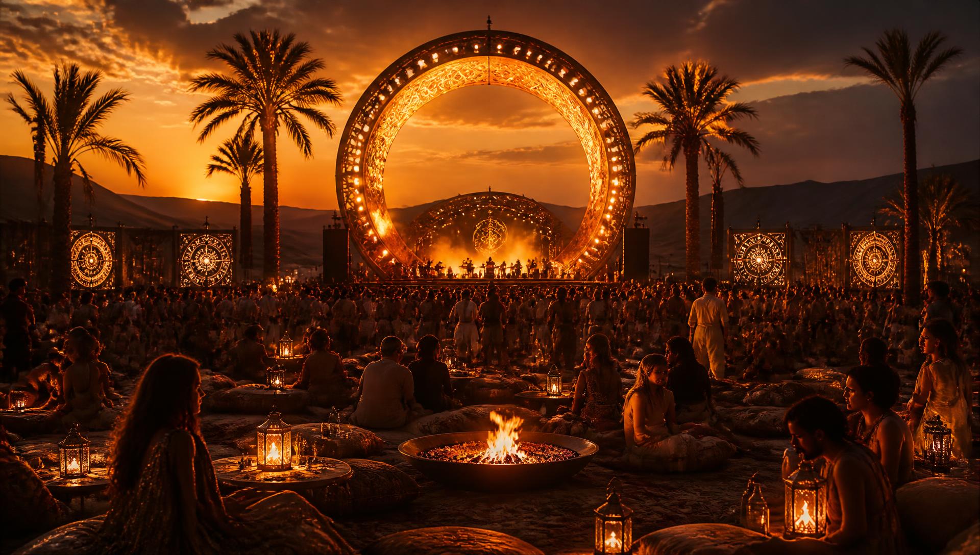 A Nomara pop-up at golden hour: a glowing circular stage above a crowd gathered around fire bowls