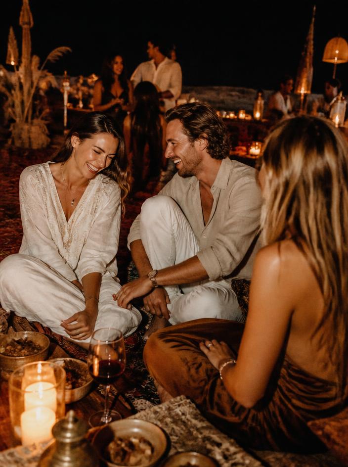 Guests laughing together at an outdoor candlelit Nomara gathering